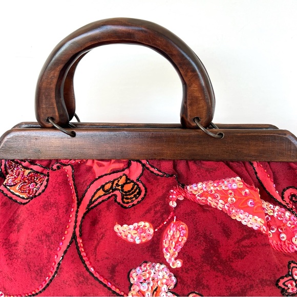 MYSTIQUE Burgundy Paisley Sequence Beaded Wood Handles Vintage Style Handbag NWT - Picture 7 of 14